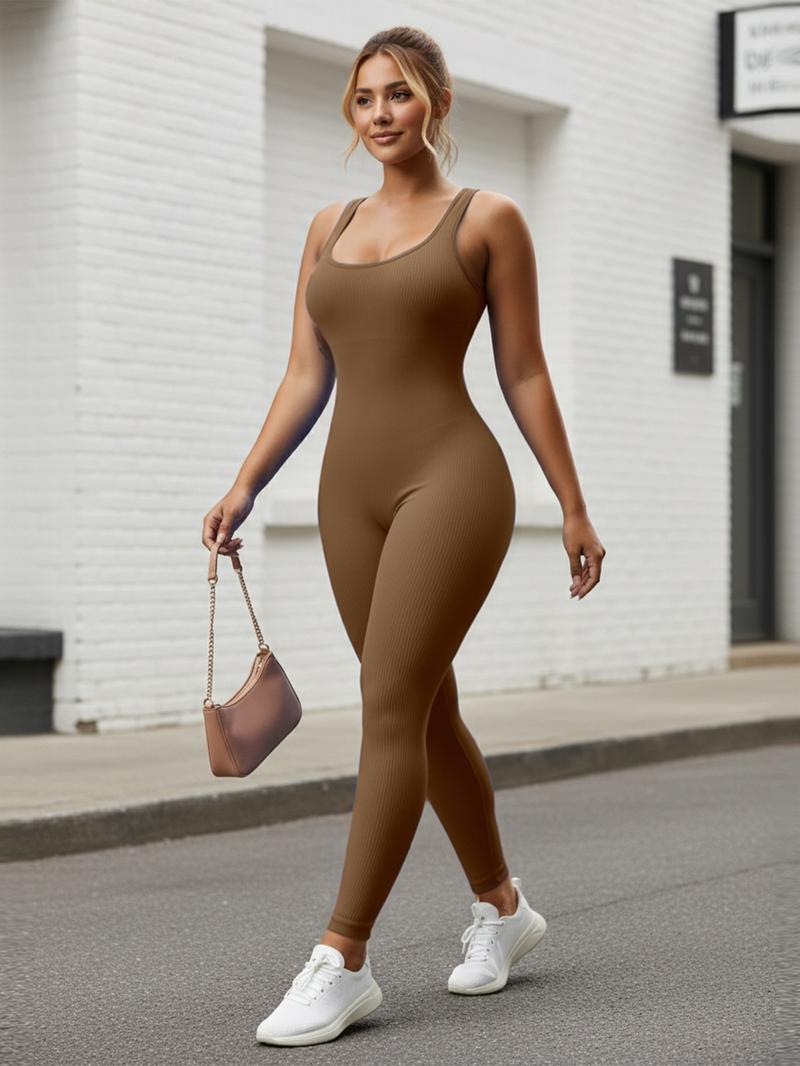 Women's Seamless Ribbed Knit High-Stretch Tummy Control Butt Lifting Yoga Bodysuit Square Neck Sleeveless Plain Solid Color Long Length Minimalist Elegant All Seasons Athletic Style Workout Gym Clothing