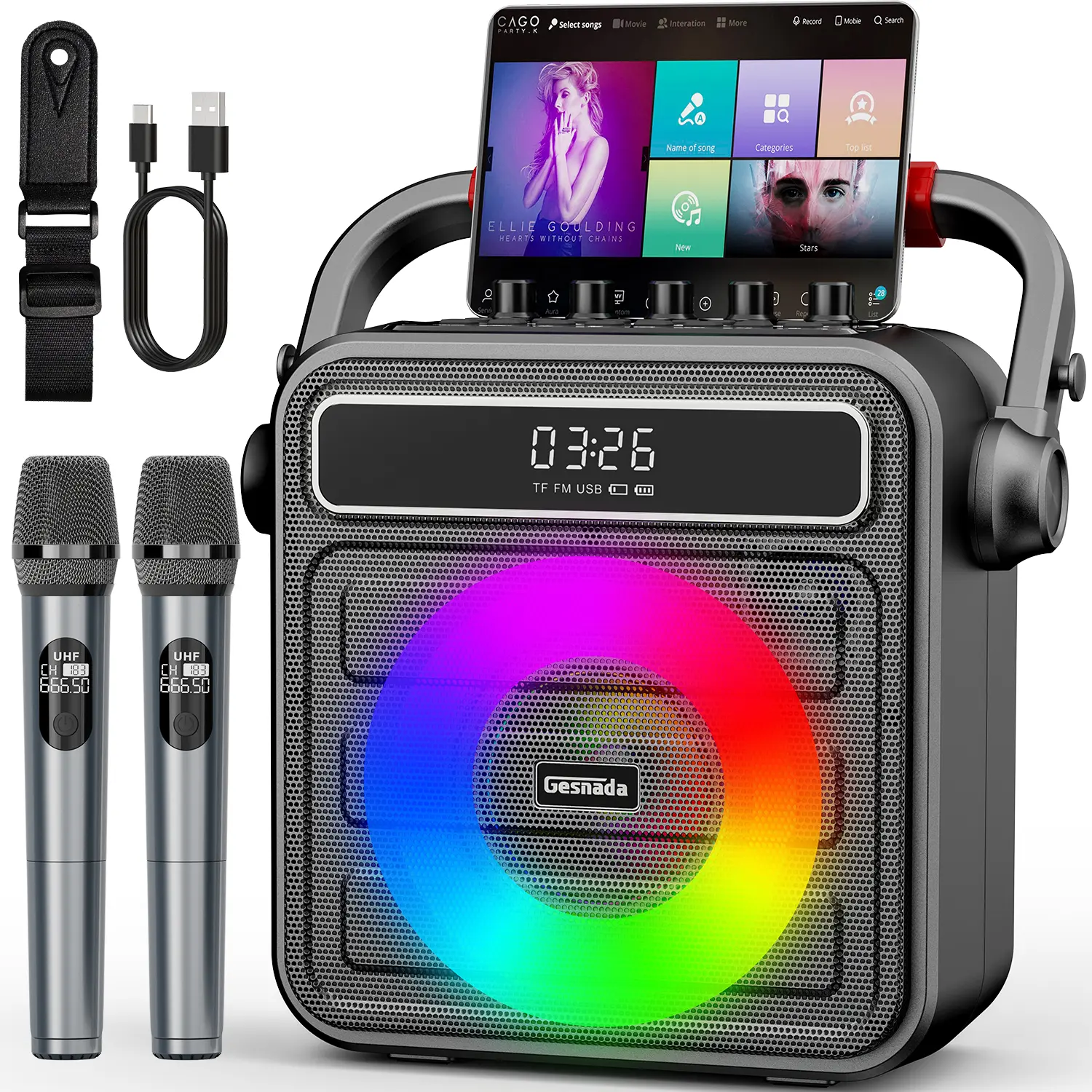 Portable Rechargeable Handheld Bluetooth Karaoke Machine with 2 Wireless Microphones, 6000mAh Battery, Adjustable Bass-Treble Stereo Speakers, RGB LED Melody Sync PA System, High-Output Sound for Smartphone Compatibility, Gatherings & Gifting, Led Light,,