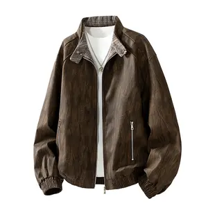 Spring/autumn Harrington-style leather jacket with patchwork design—bird’s-eye and suede textures—and a “old money” feel; vintage men’s autumn stand-collar leather jacket; high-street loose biker jacket; casual, versatile hooded long-sleeve jacket suitabl