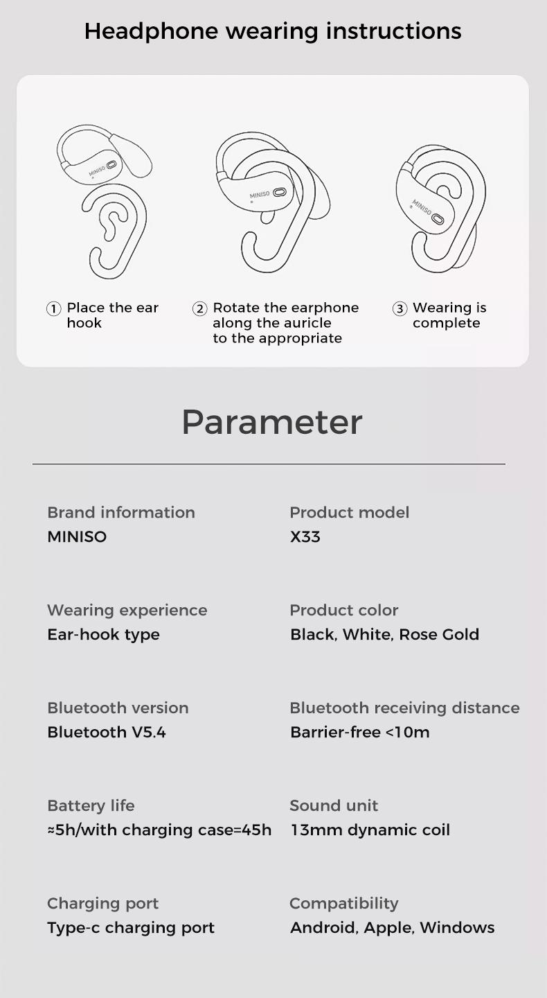 MINISO X33 Translation Earbuds Bluetooth 5.4 with Real-Time Translation in 134 Languages IPX5 Waterproof Sports Earphones for Music & Phone Calls Long Endurance
