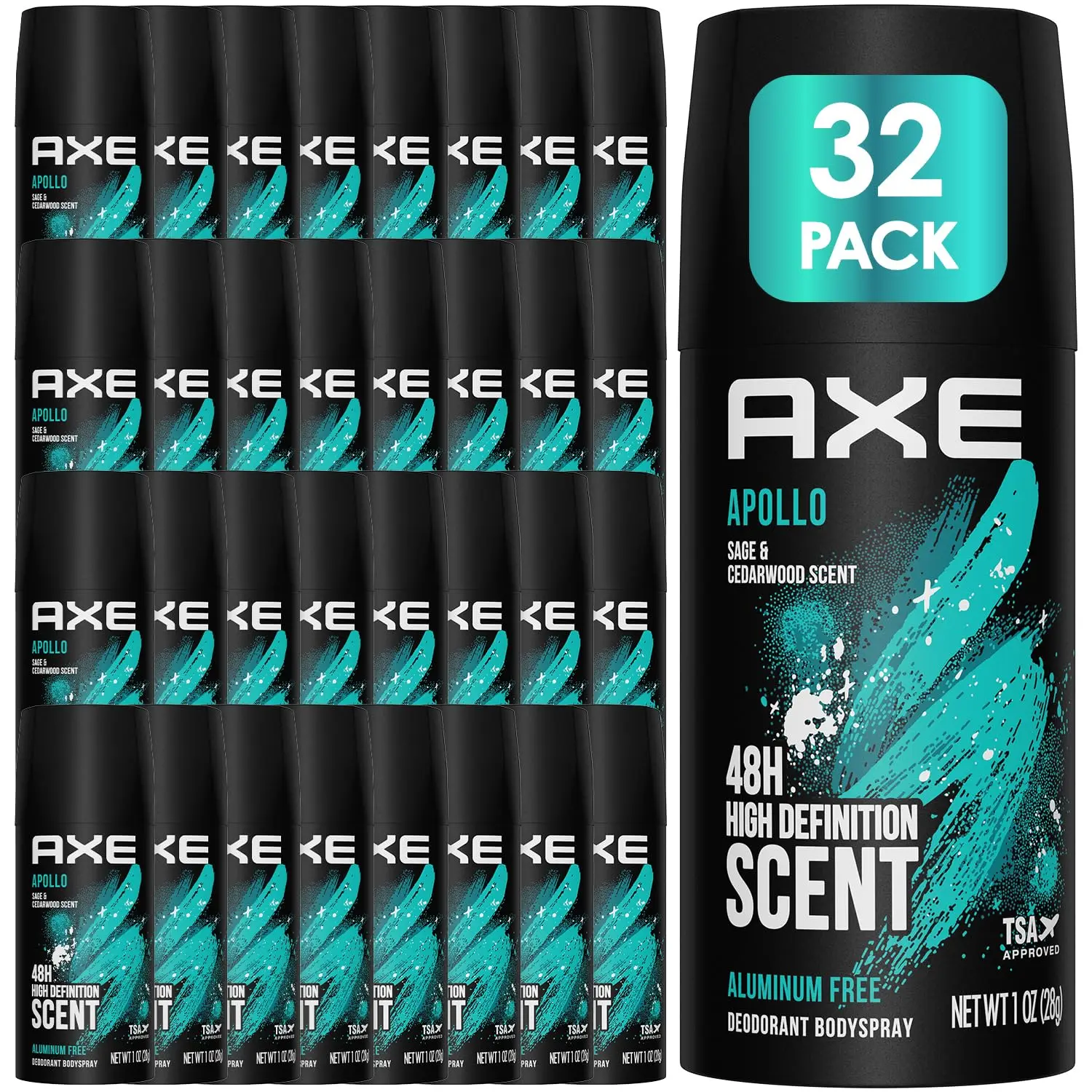 Men's AXE Apollo Aluminum-Free Deodorant Body Spray Can, 48H Long-Lasting Sweat Protection, 4 oz (150ml) Cans, 32-Count Bulk Pack