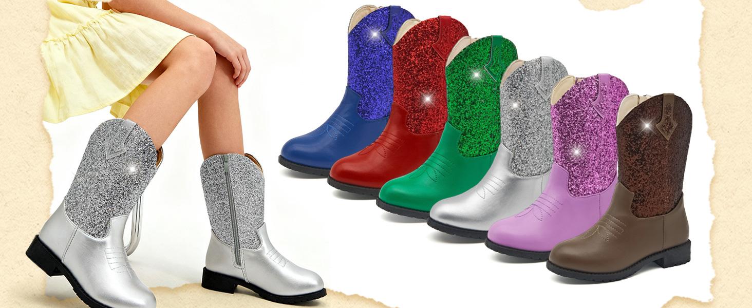 Sparkly Girls Cowgirl Boots Glitter Cowboy Dress Boots for Little to Big Kid Mid Calf Round Toe Birthday Horse Riding Pu Handles Celebrations