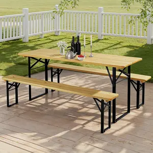 Karlhome 6 Foot Folding Picnic Table with Benches, Weather-Resistant Wood Beer Camping Table w/Carrying Handles, for Family Garden Patio Outdoor Activities Use, at Home and Commercial