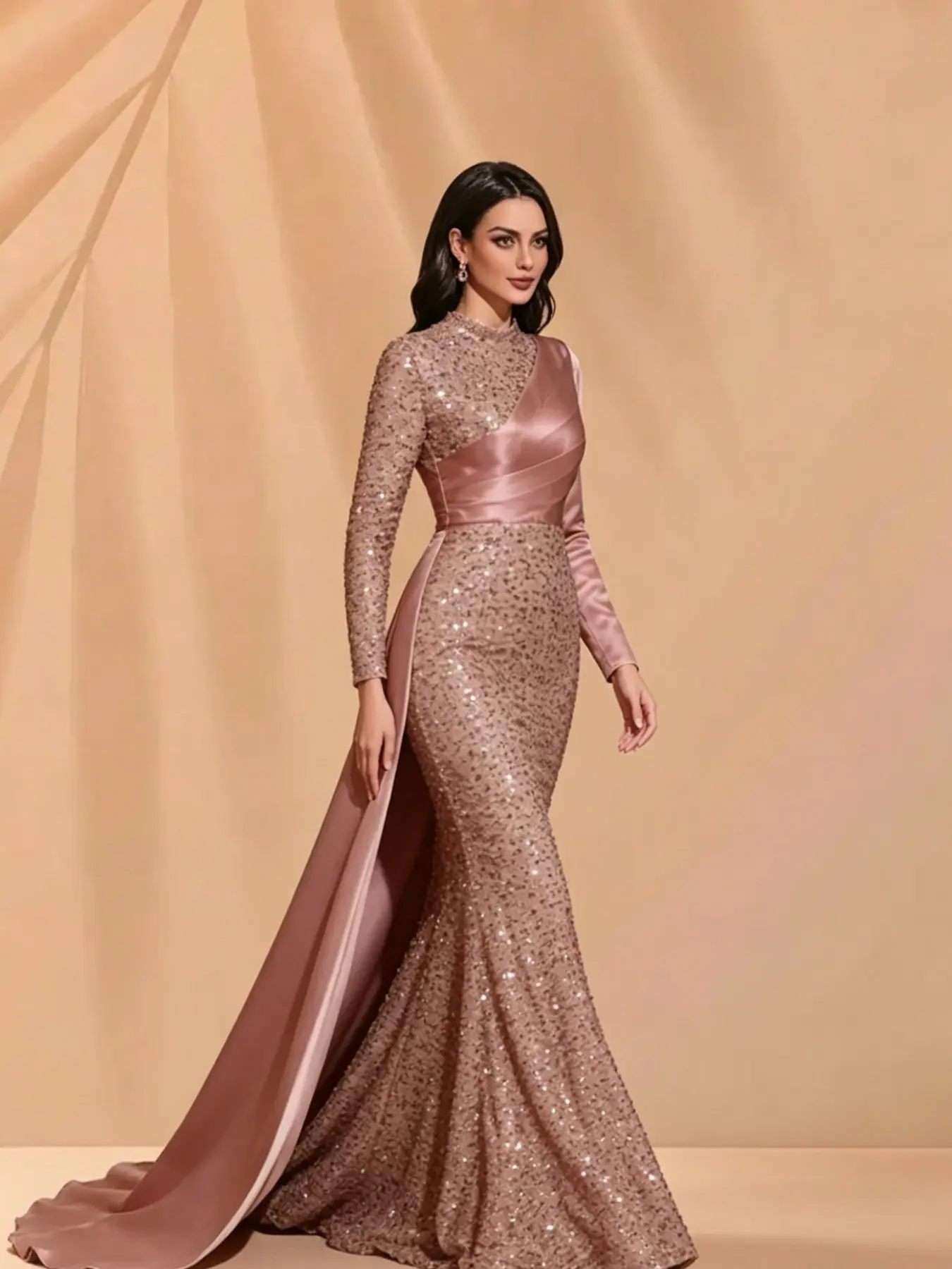 Elegant High Neck Sequined Formal Dress Womenswear, Full-Length Mermaid Style with Skirt, Elegant Evening Dress, Perfect for Bridesmaids and Graduation Dance, Elegance, Gowns Beautiful Gowns