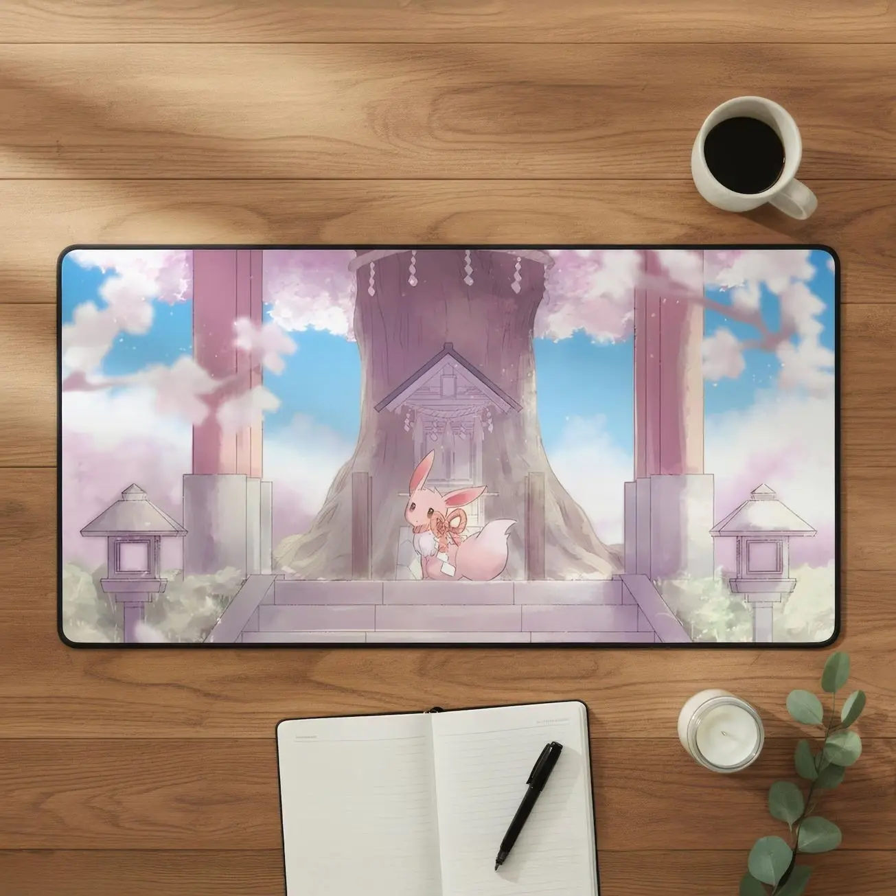 Eevee Cherry Blossom Mouse Pad, Gaming Desk Mat, Sakura Anime Mousepad, Cute Pink Desk Setup, Kawaii Desk Decor