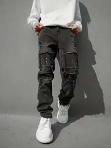 Men's straight-leg jeans with frayed hem, featuring trendy patchwork detailing, a slim fit, and a slightly stretchy design. Suitable for both casual and business attire. Suitable for all seasons.