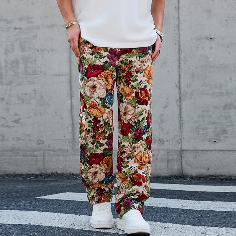 Men's straight-leg pants featuring a retro floral pattern, stylish aesthetic, elastic waistband with adjustable drawstring, loose straight-leg design for comfort and freedom of movement, suitable for everyday casual wear, comfortable active freedom