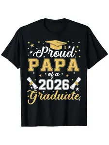 Proud Papa of a 2026 Graduate T-Shirt - Class of 2026 Golden Lettering & Diploma Design, Unisex Loose-Fit Round Neck, Black with Golden Lettering - Graduation Season Gifts for Parents, Dads, Grandpas - Comfortable Casual Wear for Graduation Parties