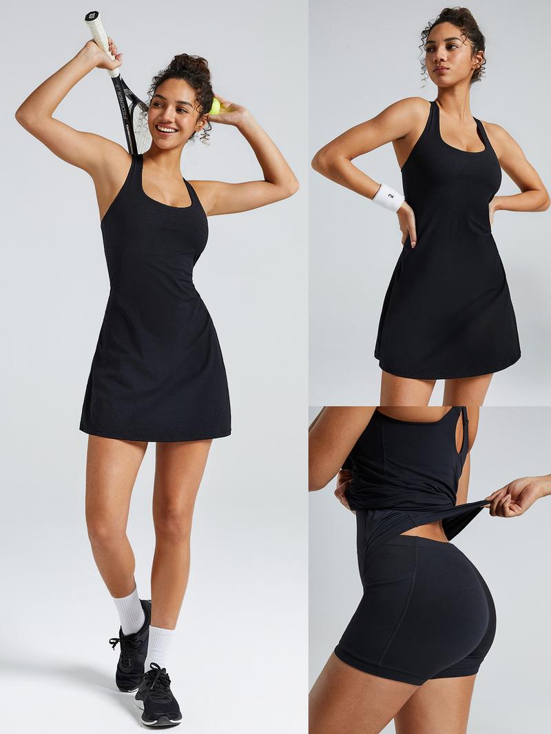 GLOWMODE FeatherFit-Air Peekaboo Strappy Dress With Built-In Anti-Slip Shorts Low Impact Yoga Summer Dress TikTokShopBlackFriday Black Dress Quick Dry Moisture Wicking