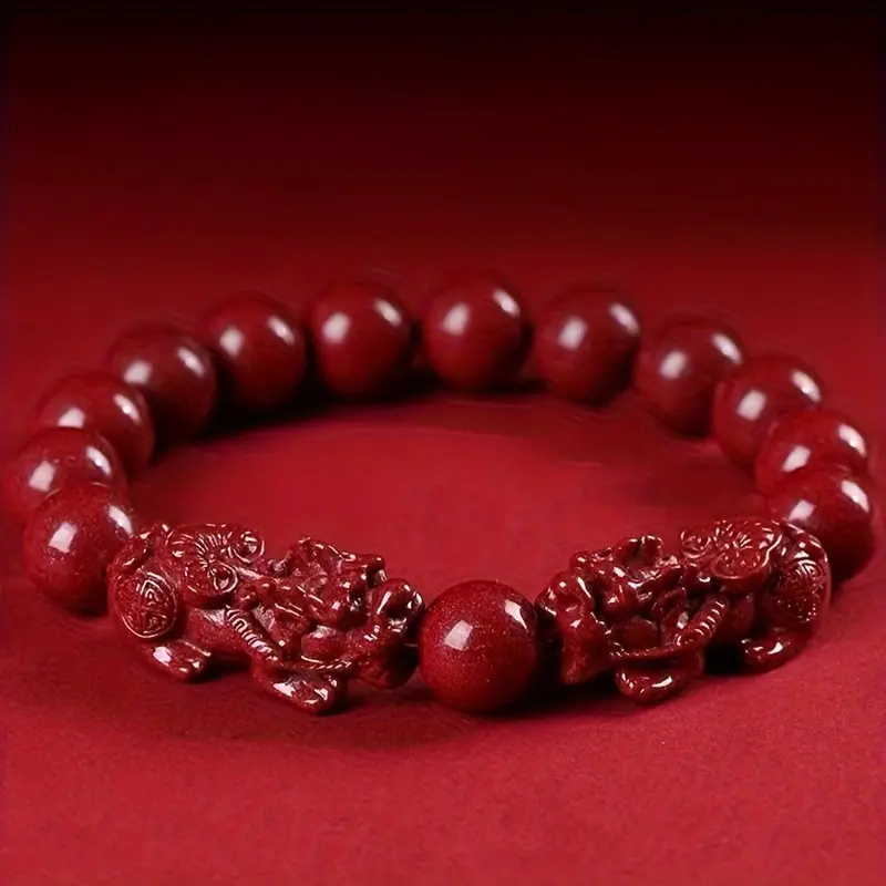 Retro Unisex 2-Piece Bracelet Set - Cinnabar Stone & Purple Golden Sand with Pixiu Charm, Daily Fashion Costume Jewelry Arm Candy Accessories