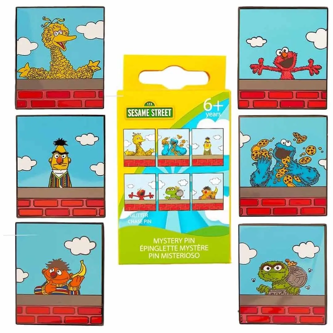 Loungefly Sesame Street Molded Enamel Mystery Pin, Featuring Oscar the Grouch & a 1-in-12 Glitter Chase Elmo, Bert, Inspirational, Brooch Pin, Casual Wear, Enamel Metal, 1 In 12 Chance, Character Set, Unisex, Metal Coating