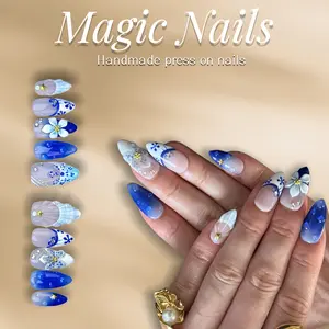 Magic Nails -OCEAN GARDEN -Handmade Press-On Nails ,Short Almond Shape | Reusable,Acrylic Made,Salon-Quality,Long lasting ,Glossy Design