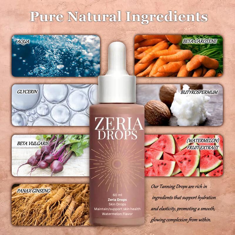 ZERIA DROPS Sunless Tanning Drinkable Drops for Face & Body Melanin Boosting Natural Glow Hydrating Bronzer No Sun Damage Moisturizer UV-Free