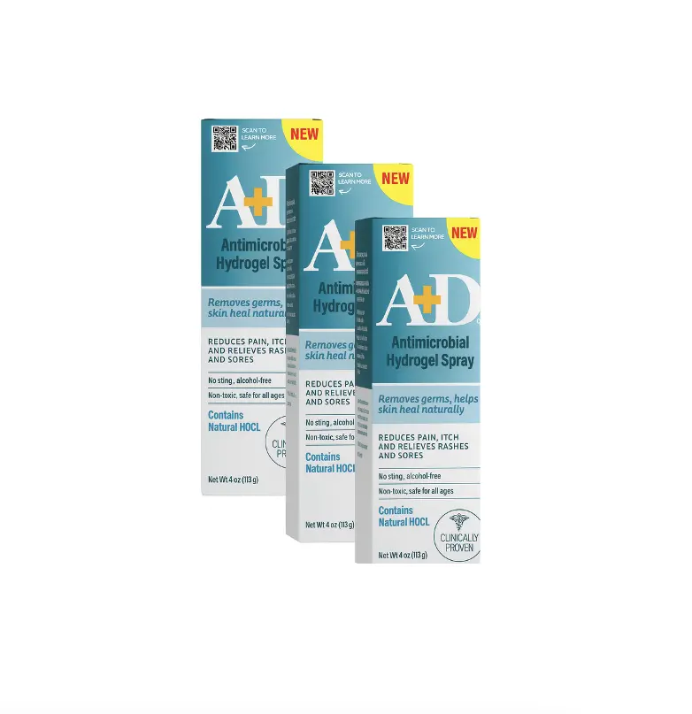 A+D Hydrogel Spray 4oz 3 Pack – With Hypochlorous Acid, Helps Heal Rashes & Irritations, Reduces itch & pain, Alcohol-Free, Non-Sting Formula, Safe for All Ages