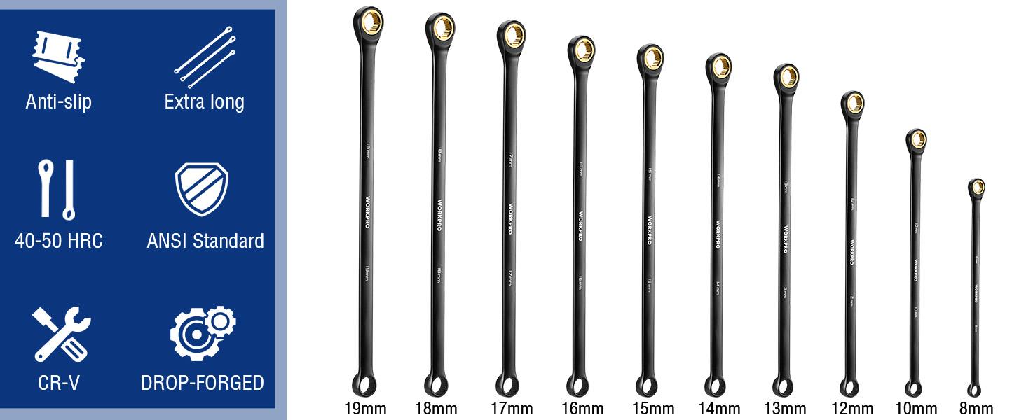 #JumpstartSale WORKPRO Extra Long Flex-Head Ratcheting Wrench Set, 5-Pack Anti-Slip Double Box Wrenches Set, Metric 8-19 mm, 72-Teeth, Cr-V Steel and Black Electrophoretic Coating Wrenches with Rolling Pouch