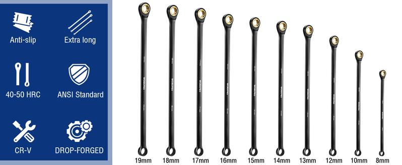 #JumpstartSale WORKPRO Extra Long Flex-Head Ratcheting Wrench Set, 5-Pack Anti-Slip Double Box Wrenches Set, Metric 8-19 mm, 72-Teeth, Cr-V Steel and Black Electrophoretic Coating Wrenches with Rolling Pouch #JumpstartSale WORKPRO Extra Long Flex-Head Ratcheting Wrench Set, 5-Pack Anti-Slip Double Box Wrenches Set, Metric 8-19 mm, 72-Teeth, Cr-V Steel and Black Electrophoretic Coating Wrenches with Rolling Pouch