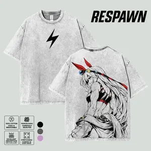 RESPAWN Tamamo Cross Uma Musume Vintage Washed Streetwear T-Shirt Oversized Graphic Tee Double Printed Anime Heavyweight Cotton Unisex Top Retro Racing Girl Aesthetic Gift for Anime Fan - Menswear, Fabric 90s