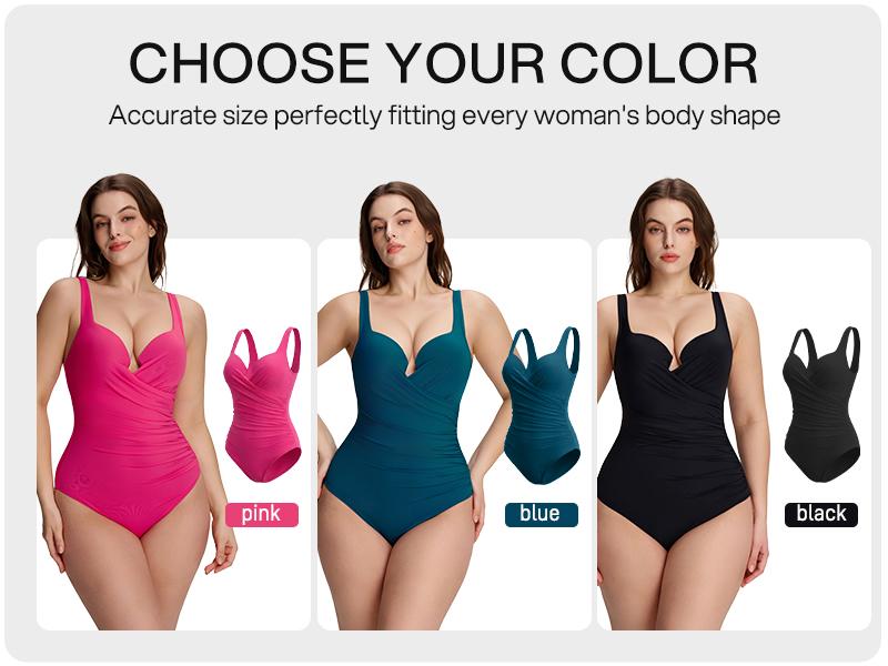 Lilylove 2026 New Women's Plunge Underwire One Piece Swimsuit Ruched Deep V-Neck Sculpting Tummy Control Slimming Snatched Waist Shapewear Bathing Suit Swimwear Swimming Beach