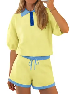 TANKANEO Women's 2-Piece Knit Set, Short-Sleeve Collared Top & Shorts, Summer Vacation Lounge Outfits for 2026