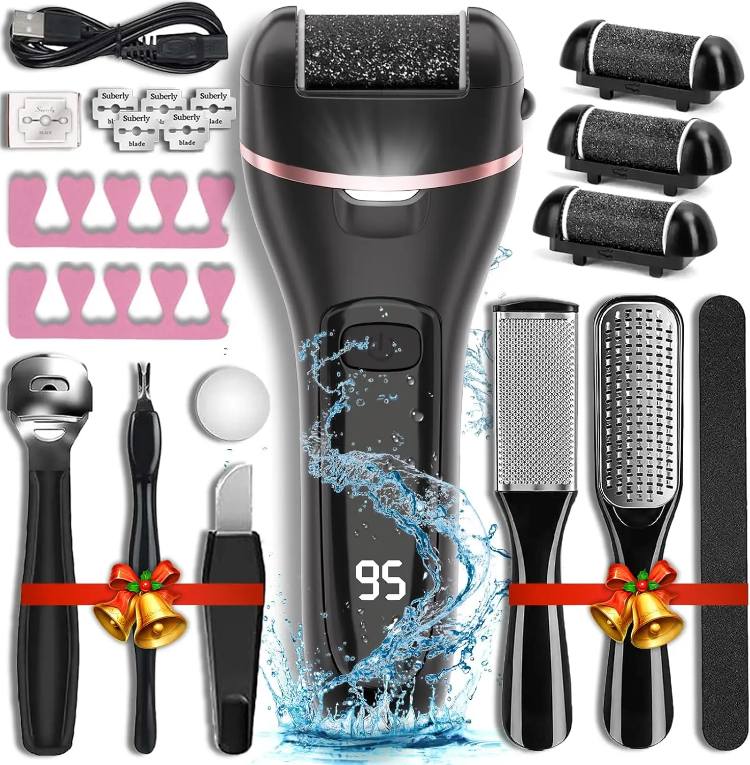 Electric Callus Remover for Feet with Rechargeable Waterproof 17 in 1 Professional Pedicure Kit with 3 Roller Heads 2 Speed,Foot File, Foot Care Tools Perfect for Dead Hard Cracked Dry Skin