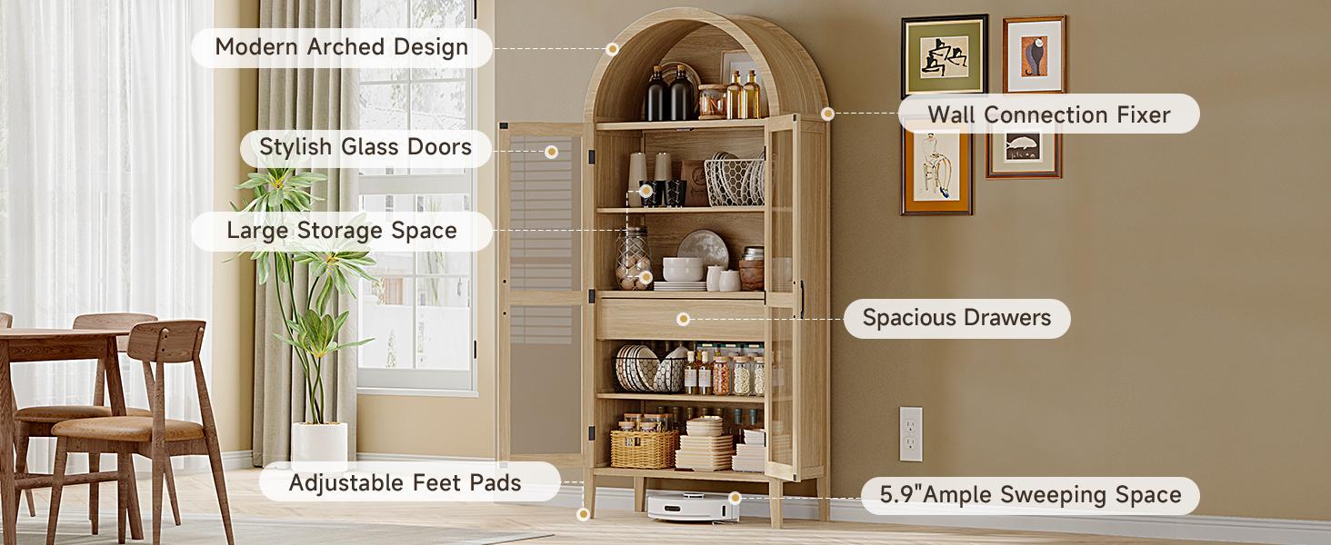 【SPOTLIGHT DAY】ONBRILL 71" High Arched Kitchen Sideboard, 5-Tier Arched Cabinetry Wooden Sideboard with Glass Doors and Drawers, Modern Display Sideboard with Adjustable Legs