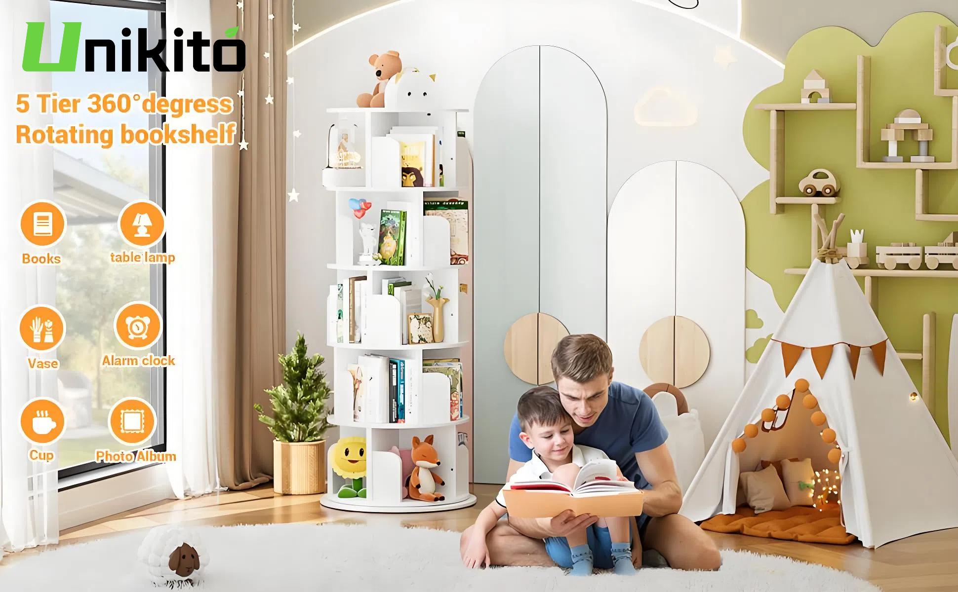 Unikito 4/5/6 Tier Rotating Bookshelf, 360 ° Display Stackable Spinning Bookshelf Tower, Narrow Space Saving Tall Floor Standing Swivel Bookcase Corner Storage Organizer for Bedroom, Living Room, shelves bedroom Unikito 4/5/6 Tier Rotating Bookshelf, 360 ° Display Stackable Spinning Bookshelf Tower, Narrow Space Saving Tall Floor Standing Swivel Bookcase Corner Storage Organizer for Bedroom, Living Room, shelves bedroom