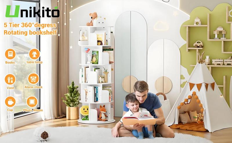 Unikito 4/5/6 Tier Rotating Bookshelf, 360 ° Display Stackable Spinning Bookshelf Tower, Narrow Space Saving Tall Floor Standing Swivel Bookcase Corner Storage Organizer for Bedroom, Living Room, shelves  bedroom
