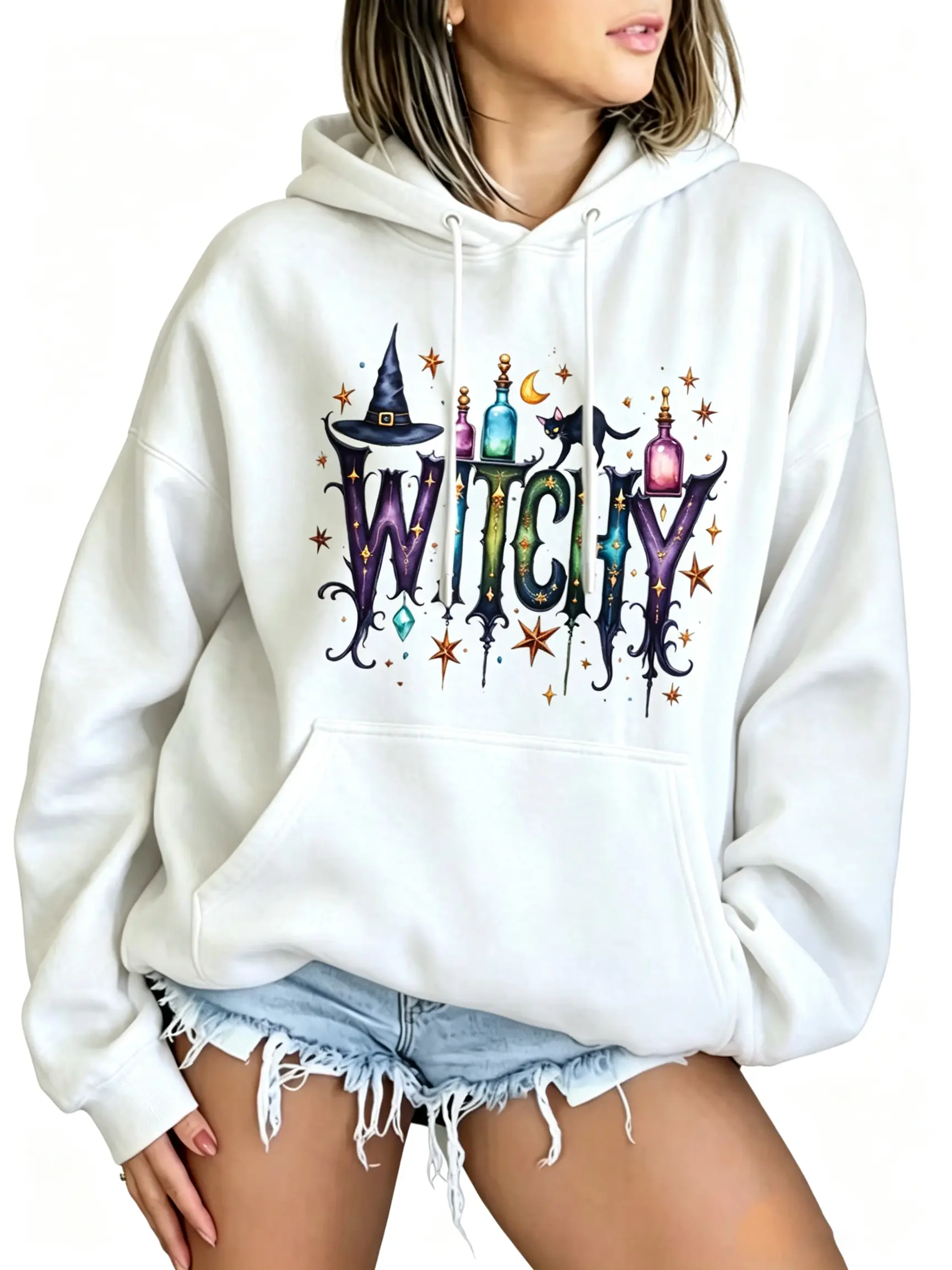 Women's Oversized Witchy Hoodie - Long Sleeve Crew Neck Relaxed Fit Sweatshirt with Colorful Witchy Letter Graphic, Witch Hat, Potion Bottle, Black Cat, Moon, Stars - Spooky Halloween Fall Fashion Apparel Clothes