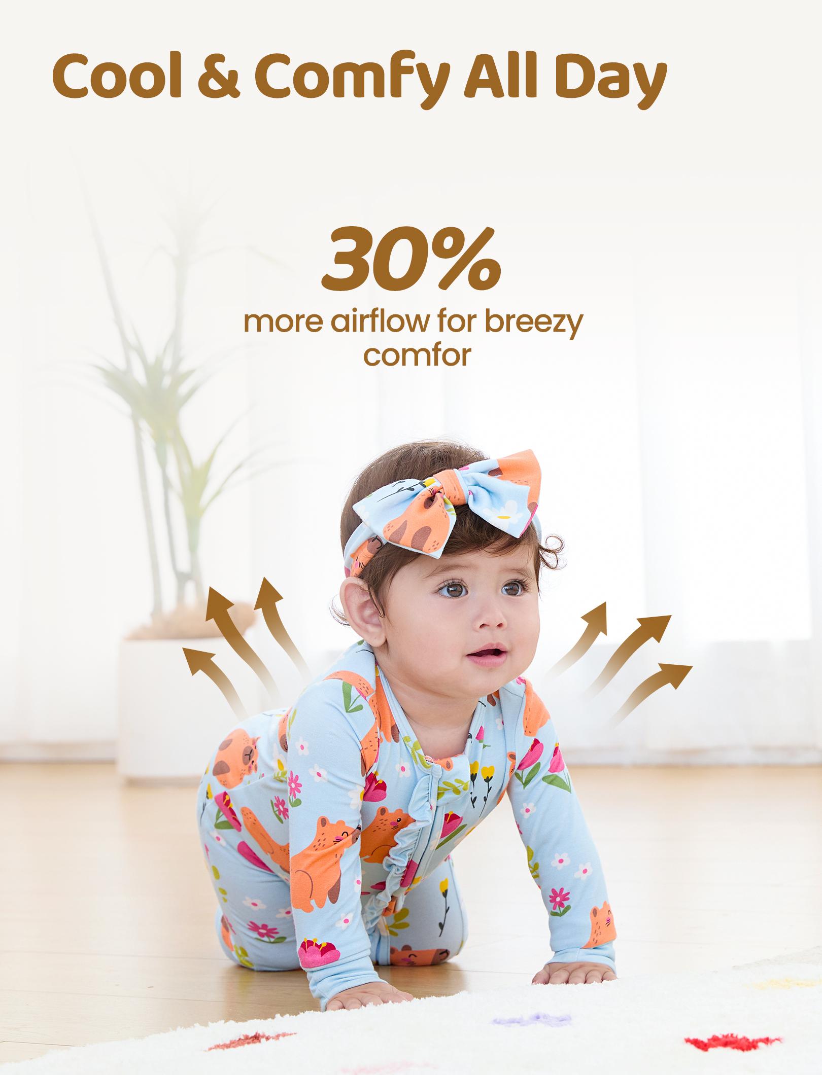 Bamboo Baby Boy/Girl Animal Printed 2-Way Zipper Anti Slip Long-sleeve Footie with Hairband Pink & Blue Floral Design