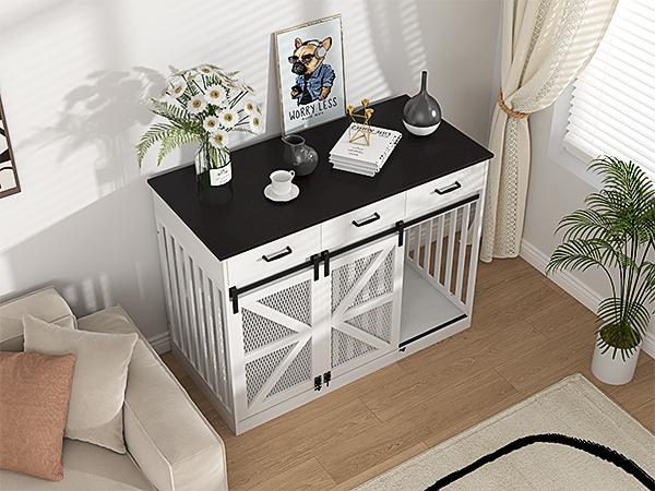 48 Inch Large Dog Crate Furniture with 3 Storage Drawers Wooden Pet Kennel Removable Divider Farmhouse Style Sliding Barn Door TV Stand 48 Inch Large Dog Crate Furniture with 3 Storage Drawers Wooden Pet Kennel Removable Divider Farmhouse Style Sliding Barn Door TV Stand