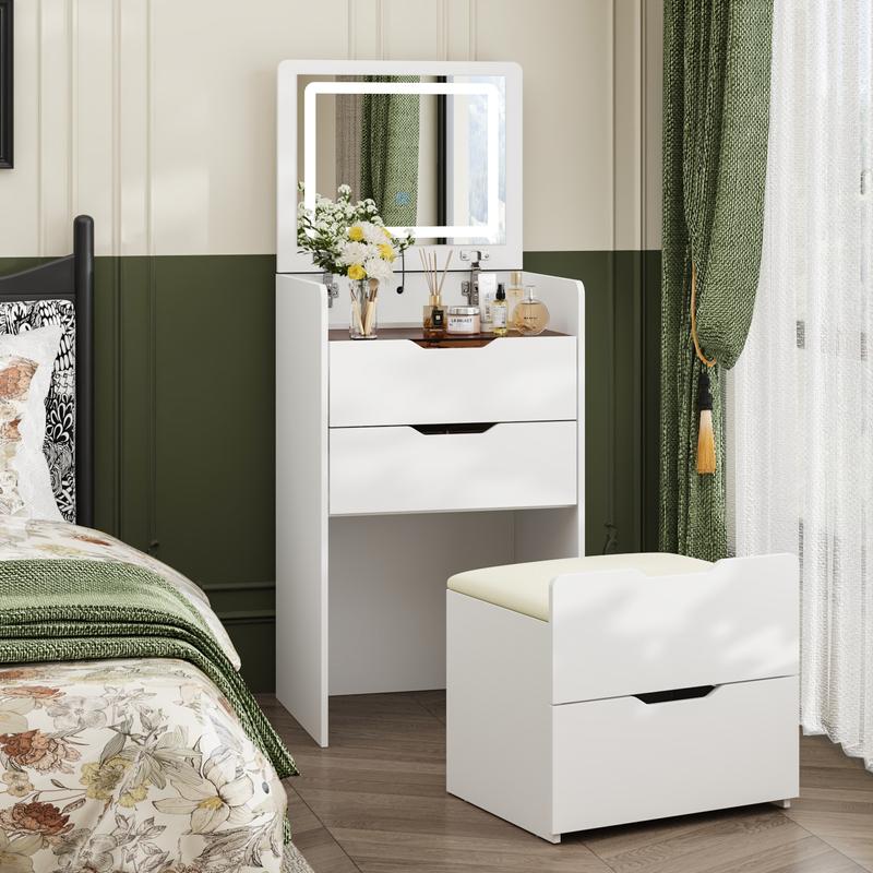 FUFU&GAGA 4 Types Makeup Vanity Desk with 3-Lights Mirror and Drawers for Makeup Equipped with Stool