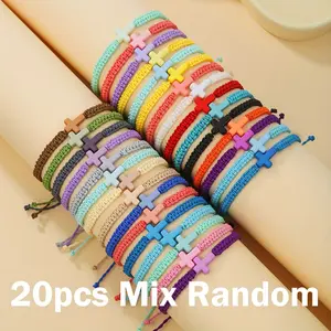 20pcs Mix Color Bohemian Braided Cross Bracelets with Multicolor Cross Charms - Adjustable Woven Rope Religious Bracelet for Women & - Style Accessories for Casual Attire, Festivals & - (No