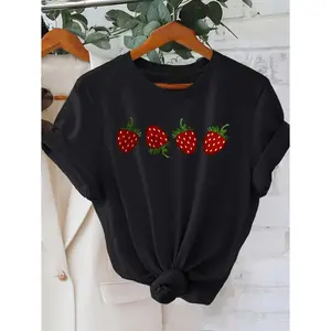 Strawberry Graphic Print T-shirt, Short Sleeve Crew Neck Casual Top, Summer and Spring, Women's