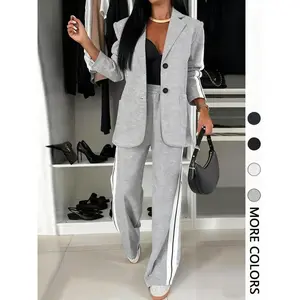 Women's Striped Print Blazer Jacket & Wide Leg Pants Set, Casual Fitted Suit for All Seasons, Stylish Ladies' Clothing Ensemble
