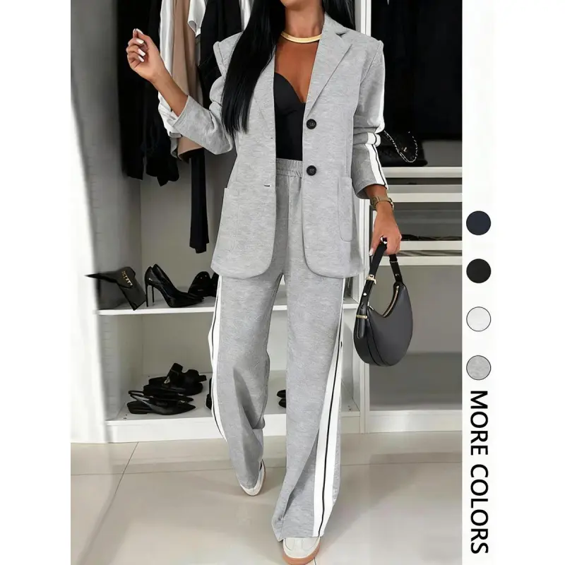 Women's Striped Print Blazer Jacket & Wide Leg Pants Set, Casual Fitted Suit for All Seasons, Stylish Ladies' Clothing Ensemble Streetwear Suit Womenswear tracksuits for men