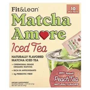 Fit & Lean Matcha Amore Iced Tea, Peach Tea, 10 Stick Packs, 0.17 oz (4.7 g) Each