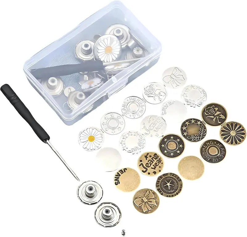 20pcs Various Styles Metal Buttons with Storage Box & Screwdriver, Adjustable Garment Fastening for Jeans Repair, DIY Sewing Accessories for Pants, Jacket