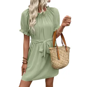 EVALESS Women's Summer Dresses Elastic Collar Crewneck Ruffle Short Sleeve Fashion Beach Vacation Casual Dresses 2026 Womenswear Springtok Outfits with Self Tie Belt & Knee Above Length
