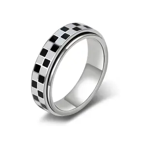 Stainless Steel Checkered Rotating Stress Relief Ring, Unisex Casual Daily Wear, Simple Chessboard Design Jewelry
