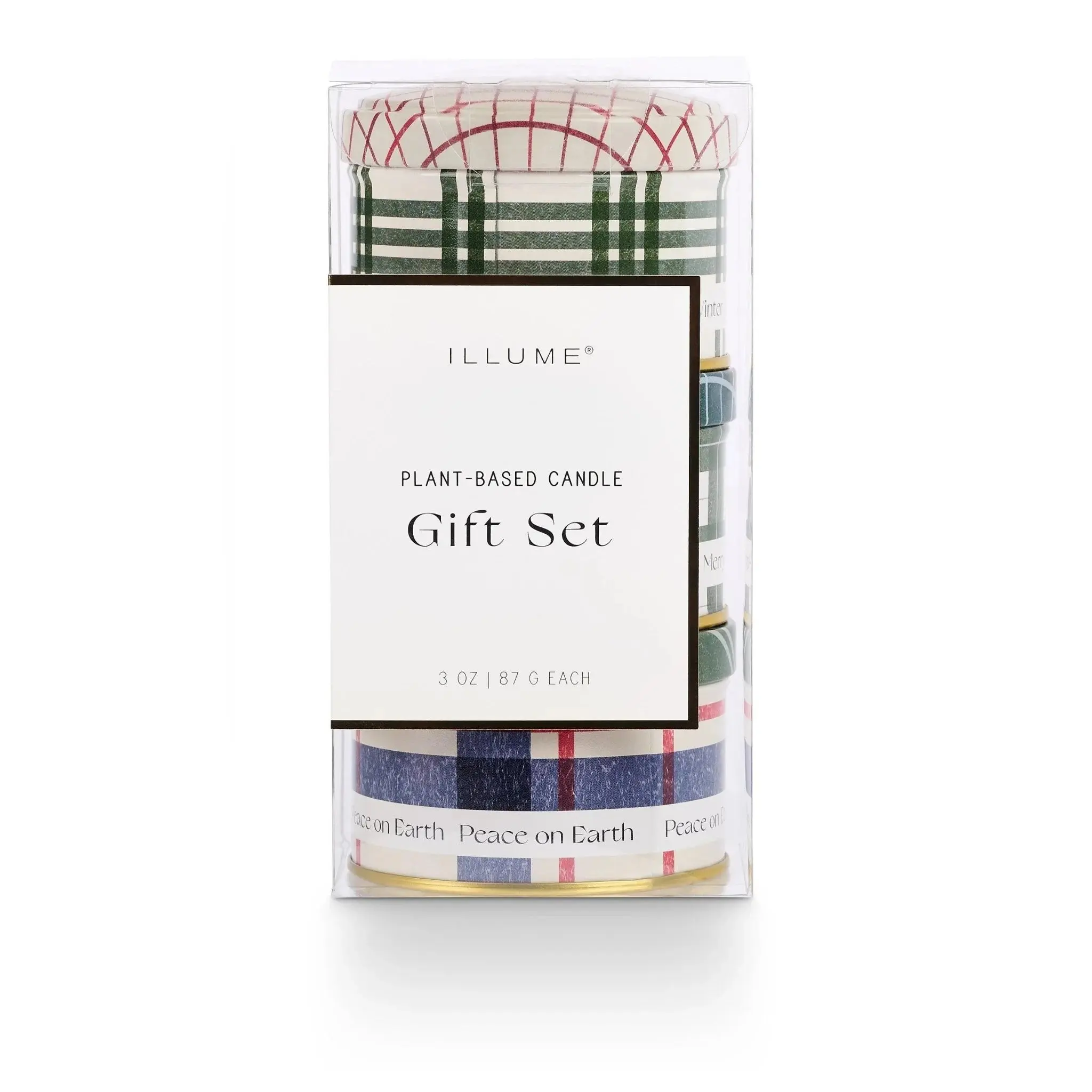 ILLUME Cruelty-Free Vegan Balsam & Cedar Scented Tin Candles - 3-Piece 3x3x6in Noble Holiday Moss Decor Tin Set with Wicks, Dresser Decor, Household Candle, Gift Box Option