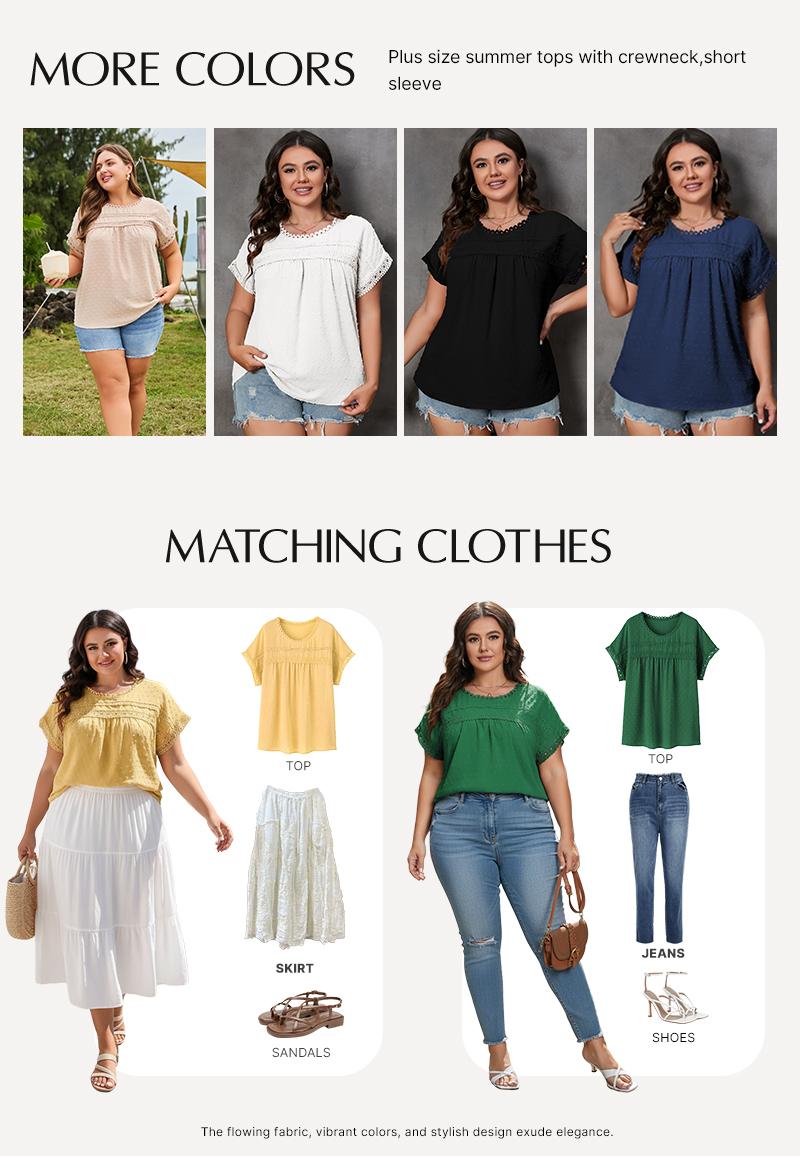 Eytino Women Plus Size Tops Crewneck Short Sleeve Lace Crochet Loose Casual Summer Blouses Shirts(1X-5X)
