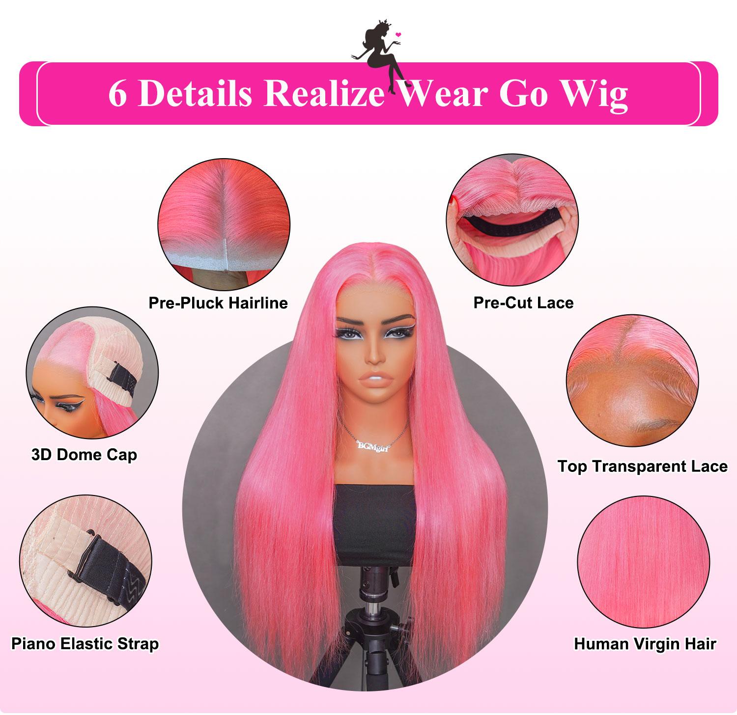 BGMgirl Hair Light Pink Straight 6*4 Wear Go 180% Density Pre Plucked Pre Cut Lace Closure Wig Glueless Colored Human Hair Wig TikTokShopBlackFriday