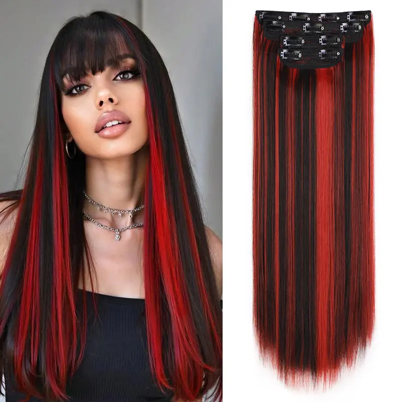 WIGQUEEN Glueless Clip-in Synthetic Hair Extensions, 20Inch 4PCS Thick Double Weft Hairpieces for Women, Casual Classic Contemporary Styles, Mix Pinkish Purple-Brown-Black-Red Highlights (Straight/Wavy)