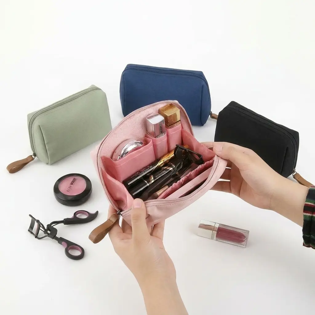 Women's Minimalist Nylon Makeup Organizer Pouch - Chic Lightweight Handheld Cosmetic Bag with Zipper, Wide-Open Design, Interior Pockets, Portable Vanity Organization, Purse & Travel Use, Makeup Organizer Pouches, Travel Beauty Bag, Cosmetic Bags
