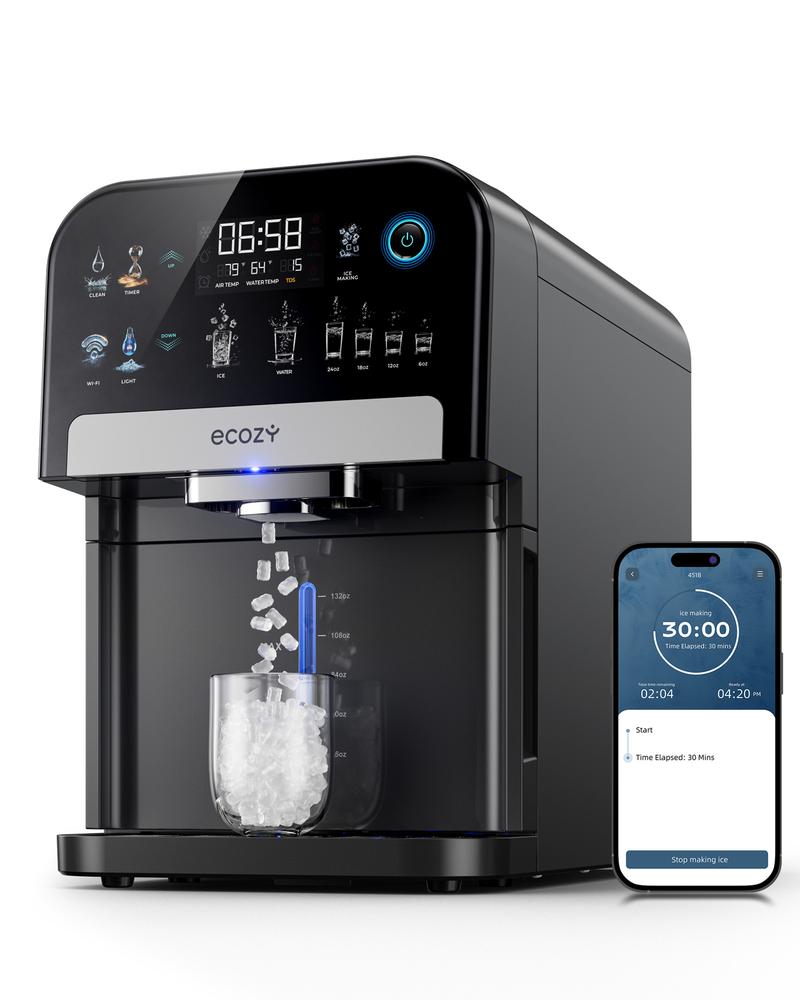 ecozy Nugget Ice Maker Countertop, Smart Pebble Ice Machine with APP Control, 44 lbs/24H Soft Pellet Chewable Ice with Self-Cleaning, Stainless Steel