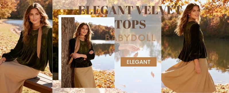 Yeokou Women's Long Sleeve Velvet Trim Lace Blouse Elegant Flared Swing Top Round Neck Casual Wear for Parties Weddings Dinners Office Dates