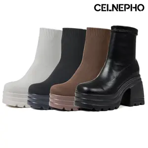 CELNEPHO Ankle Boots for Women Round Toe Chunky Platform Heel Strech Sock Boots Easy Pull on Comfy Warm Knit Boot Fashion Booties Party Work Casual Outdoor Events Dress Shoes