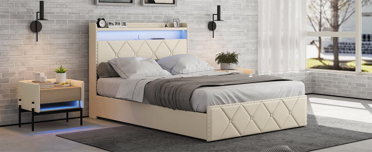 Full-Size Upholstered Bed Frame with 2 Drawers and Square Stitch Button, Bed Frame with Charging Station and LED Lights, Upholstered Headboard with 2-Tier Storage Shelves, Black queen  bed  frames