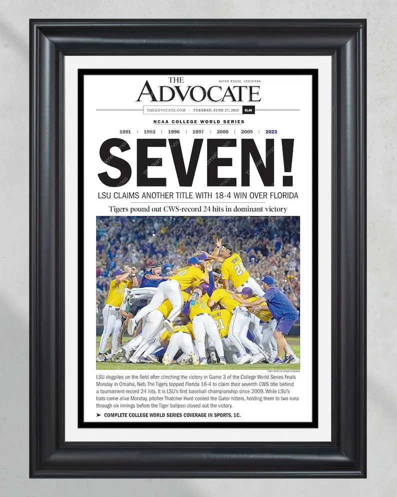 2023 LSU Tigers “SEVEN!” College World Series Champions Front Page Newspaper