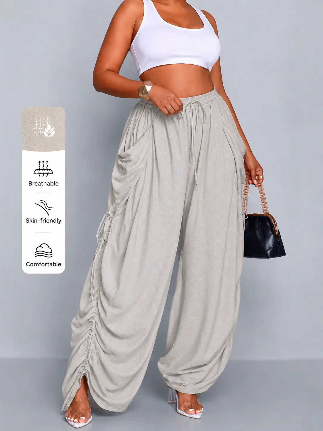 Women's Plus Size High Waisted Wide Leg Linen Pants - Comfortable Woven Fabric, Adjustable Drawstring, Lightweight Loose Fit, Everyday Wear - Plus Size Fashion, Women's Clothing, Curvy Clothing